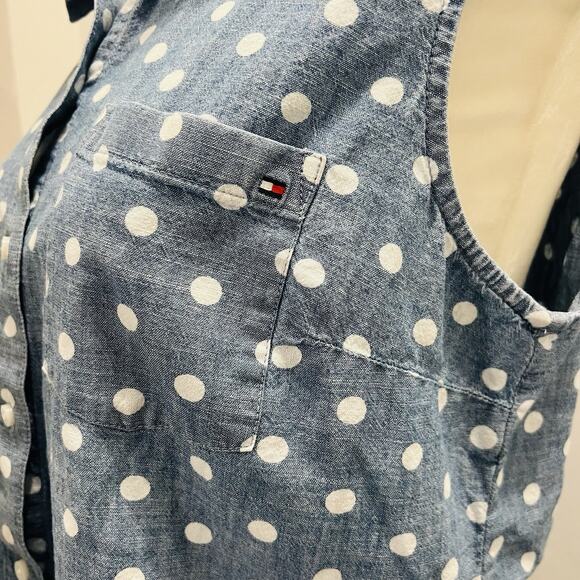 Tommy Hilfiger Chambray Blue Polka Dot Sleeveless Blouse Collar Size M - Picture 4 of 5
